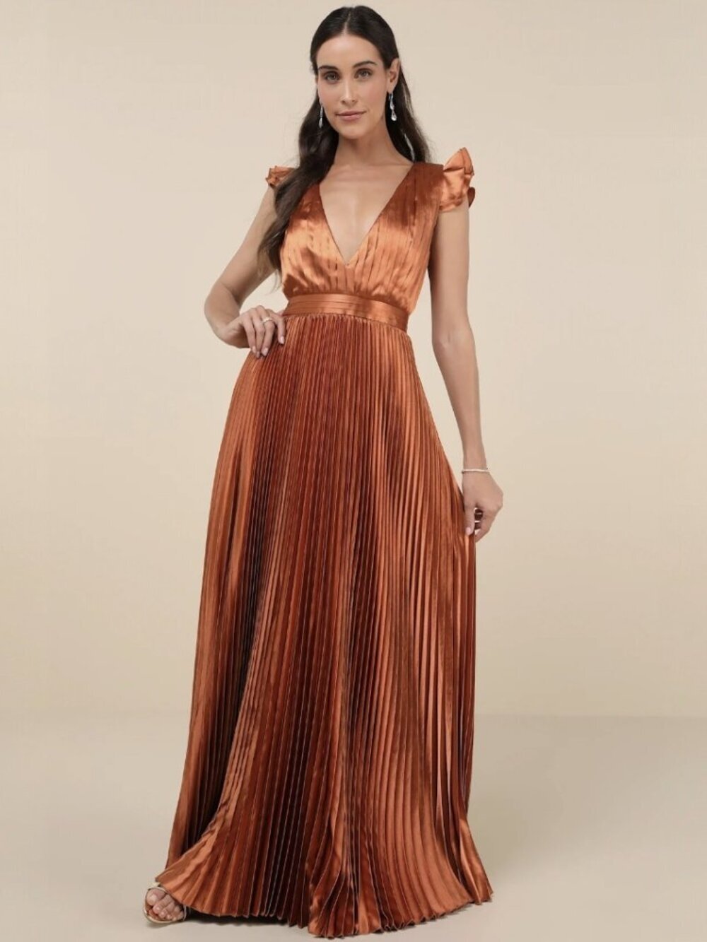 NWT Lulus Exceptional Drama Rust Orange Satin Lace-Up Pleated Maxi Dress (S)